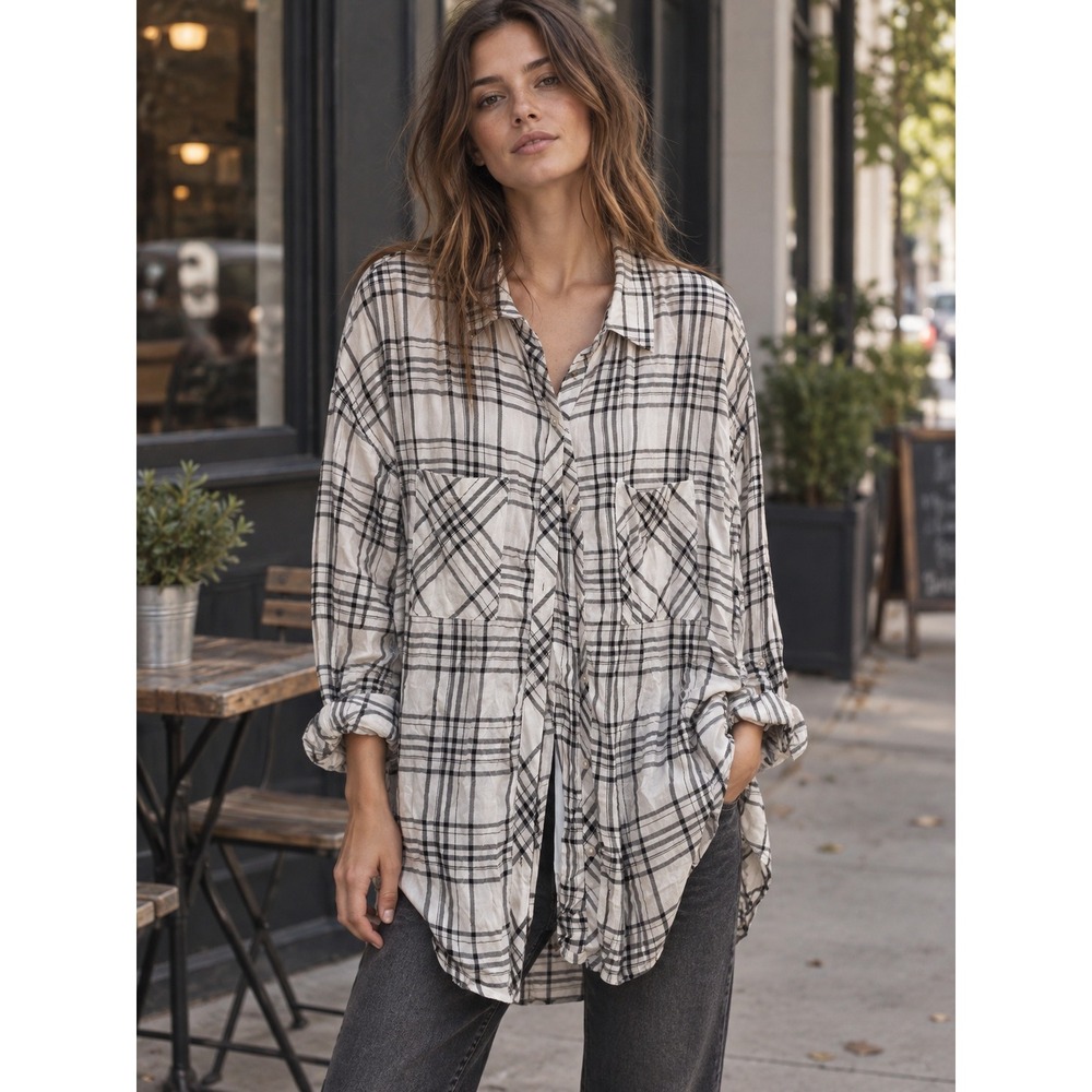 The Laundry Room Black White Plaid Long Button Shirt Women M 90s Grunge